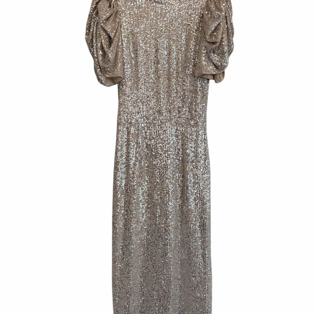 H&M Gold Sequin Midi Dress XS Stretch Puff Sleeve Party Cocktail Glam - Picture 8 of 12